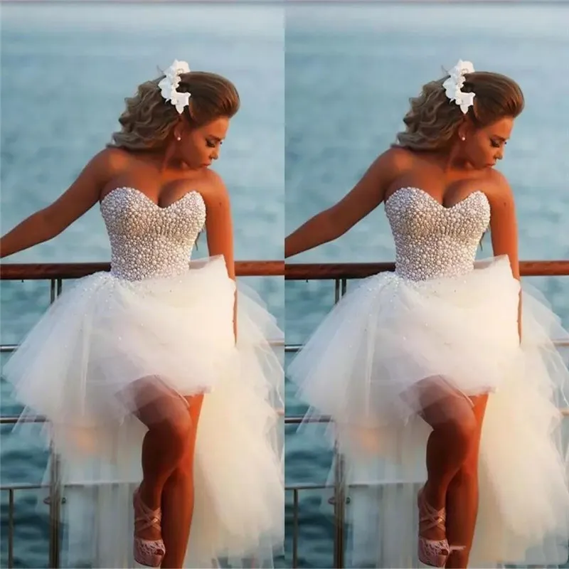 

Sweetheart Exquisite Pearl Hi-Lo Short Beach Wedding Dresses With Custom Made Beaded Bridal Gowns