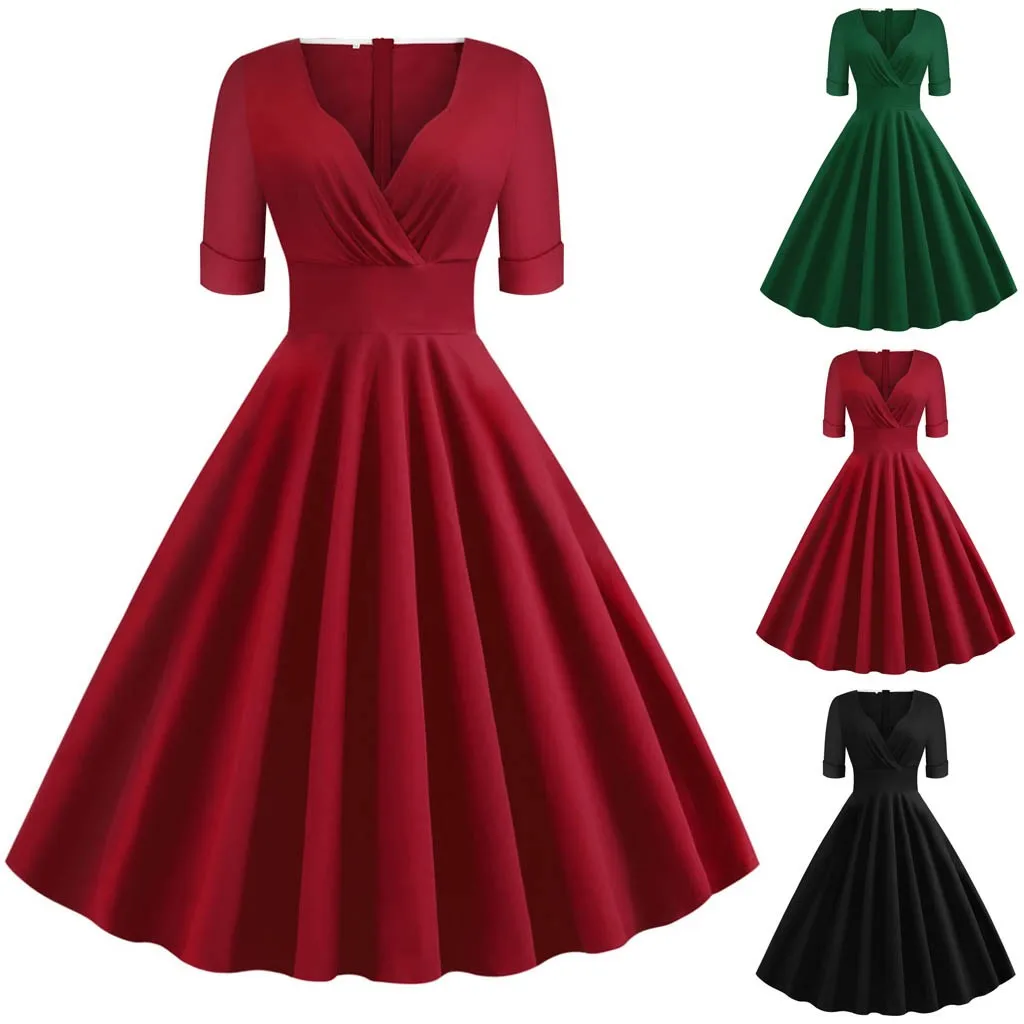 Cotton Green Vintage V-Neck Half Sleeve Solid Simple Straight Holiday Party Formal Dress casual dresses robe hiver femme