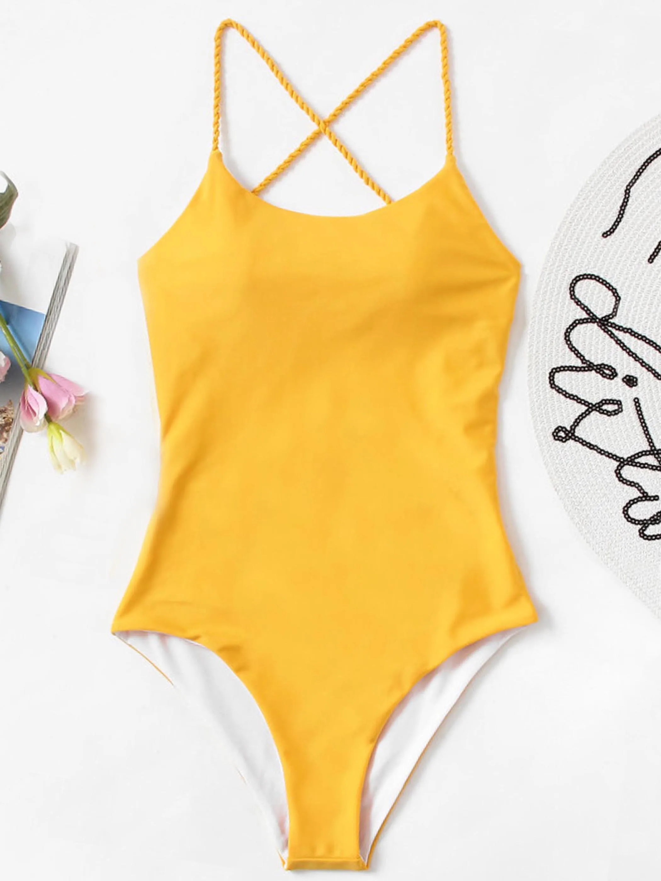 Women's Spaghetti Strap Yellow Bodysuits For Women Sexy Bodycon Playsuits Summer Ladies Beach Swimwear One Piece Beachwear | Женская