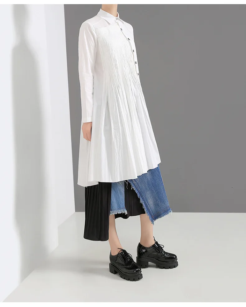 [EAM] Женская Асимметричная блузка в складку, новинка, с отворотом, с длинным рукавом, свободная, с разрезом, модная, весна-осень JZ530
