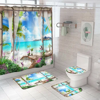 

4pcs Set Seaside Bathroom Rug Set Shower Curtain Bath Mat Non-Slip Toilet Lid Cover Lid Toilet Cover Toilet Bathroom