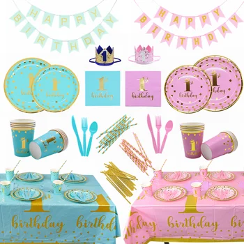 

Baby 1st Birthday Disposable Tableware Pink Blue Plate Cup Napkin One Year First Birthday Party Table Decor Baby Shower Supplies