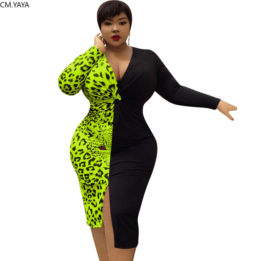 

Autumn Women Leopard Print Patchwork V-neck Bodycon Midi Dress Sexy Evening Long Sleeve Split Tunic Waist Dresses Vestido GL6309