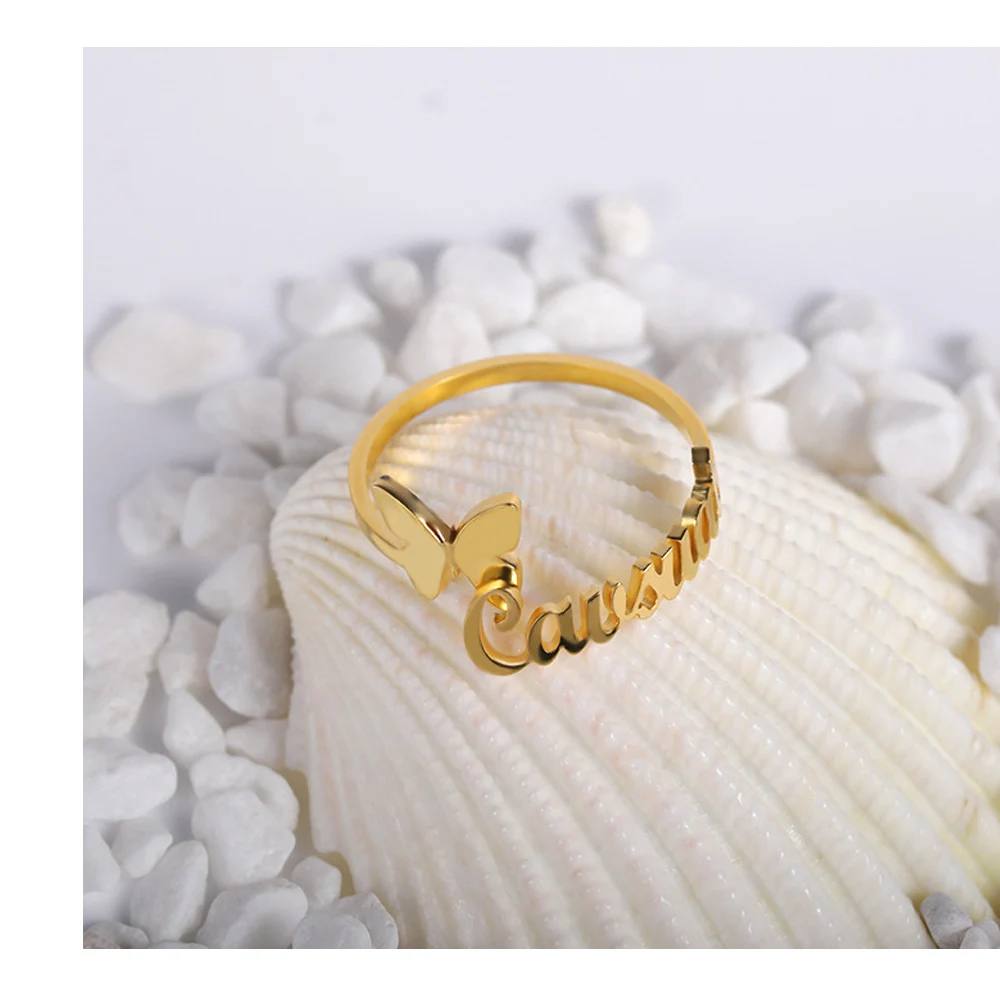 

Customized Name Ring With Butterfly Personality Open Adjustable Stainless Steel Ring Woman Couple Jewelry Anniversary Gift