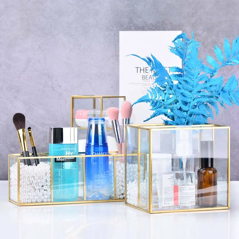

HUNYOO Clear Glass Makeup Box Cosmetic Storage Box Makeup Brushes Organizer Pencil Lipstick Holder Makeup Tools Organizer Case