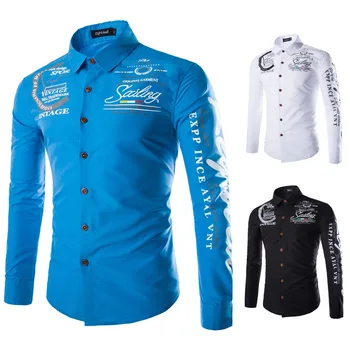 

2019 New Autumn Men Shirts Casual Slim Fit Streetwear Letter Printed Blouse Black Lapel Button Up Dress Shirt Long Sleeve Tops