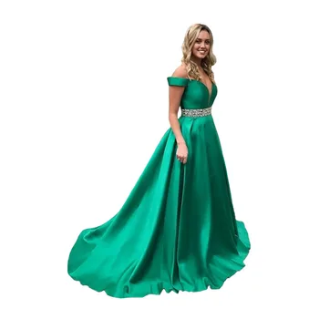 

Chic V Neck Off The Shoulder Prom Dresses 2020 A Line Satin Long Dress Corset Back Floor Length Formal Gown Vestido De Fiesta