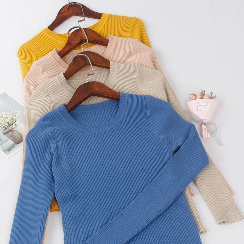 ONLYSVTER дешевые Для женщин базовый свитер Эластичный Slim Fit джемпер задник, однотонный цвет, трикотажный пуловер Свитера с круглым вырезом Pull женские; Лидер продаж