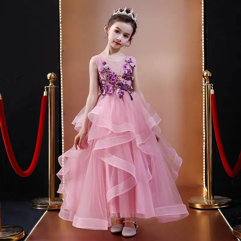 as pic long dress Новое Элегантное модное платье принцессы для девочек с аппликацией в виде цветов на день рождения; платье принцессы для вечеринок; детская модель; платье для торжеств - Цвет: as pic long dress