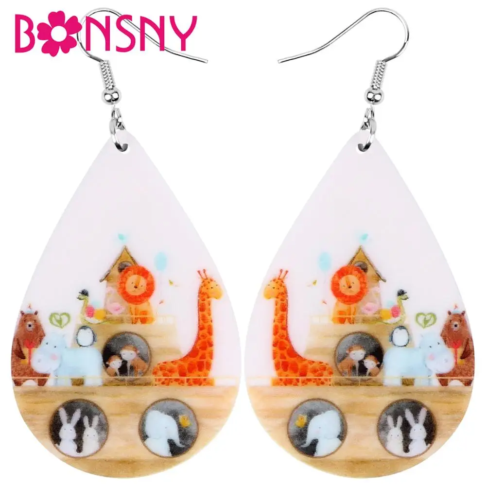 Bonsny Acrylic Teardrop Giraffe Rabbit Monkey Hippo Earrings Animal Drop Dangle Jewelry For Women Girl Teen Kid Party Charm Gift | Украшения