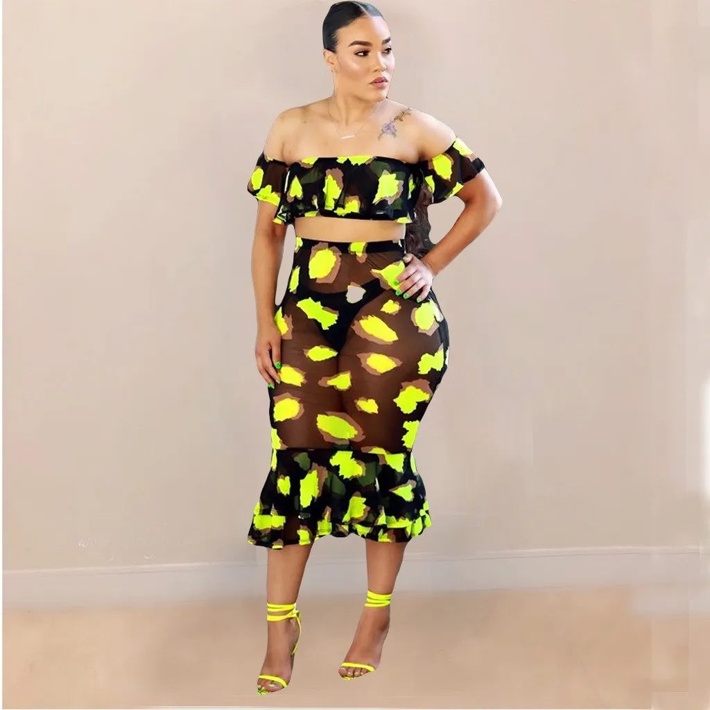 

Sexy Off Shoulder Crop Top And Mermaid Skirt Outfits Transparent Mesh Set Ruffles Women Summer Printing Suit Bodycon Outfits
