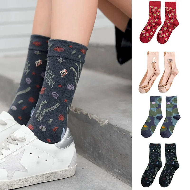 Ретро литературные женские носки осень зима новые индивидуальные модные хлопковые дышащие дезодорирующие с цветочным принтом счастливые женские носки