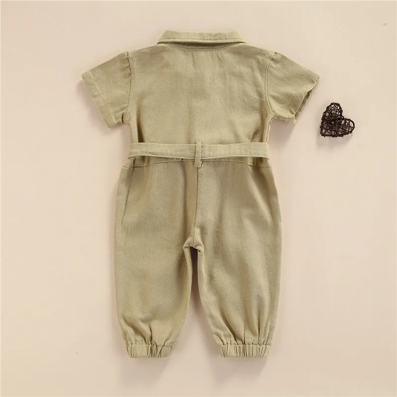 Baby Rompers Cotton Jumpsuit Baby Jumpsuit 1-5 Years Kids Girls Casual Long Sleeve Jumpsuit Solid Color Lapel Pocket Single-Breasted Spring Autumn Rompers For Infant Girls