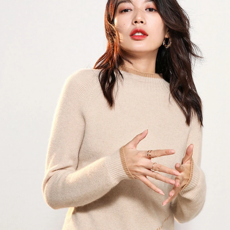 

Women Patchwork Fashion Sweater 100% Goat Cashmere Knitted Jumpers Ladies Winter O-Neck 2Colors Soft Best Quality Pullovers