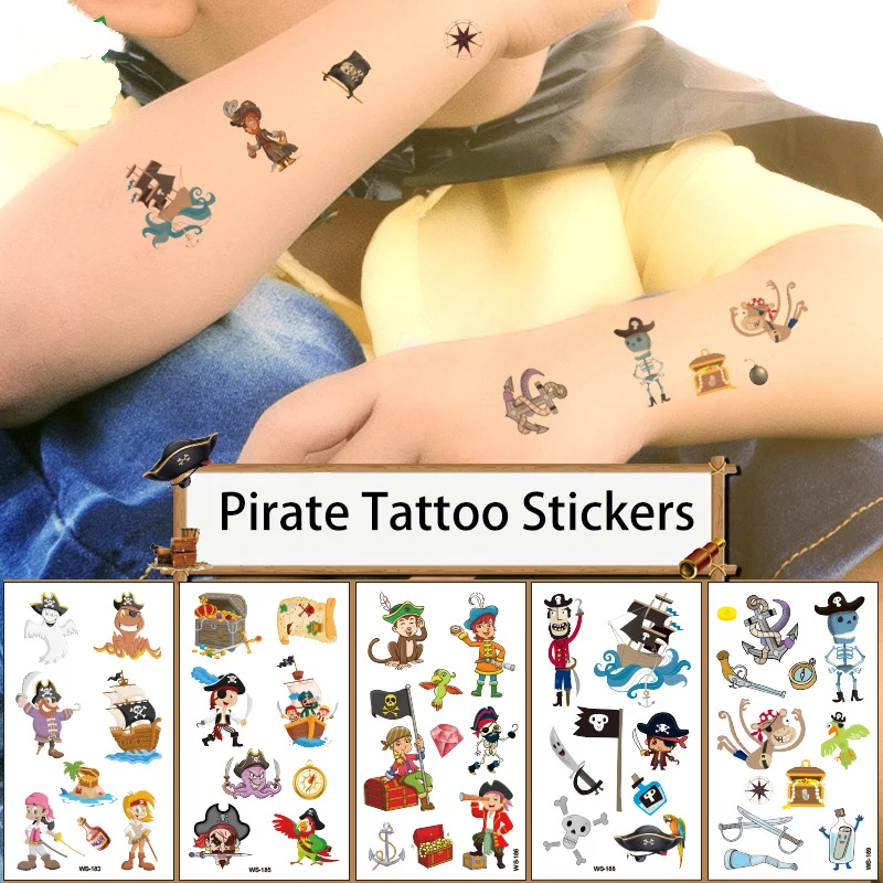 105*60mm Children's Tattoo Stickers Pirate Temporary Waterproof Disposable Cartoon Decoration Body Art Face Arms Legs Kid Gift new gold face temporary tattoo waterproof blocked freckles makeup stickers eye decal body art for girl kid