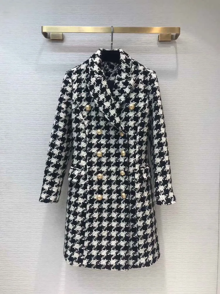 

2019 Fall/winter women's plaid tweed coat Brand new high quality double-breasted Houndstooth overcoat A952