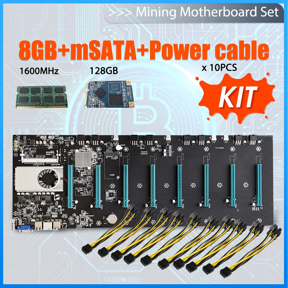 BTC-S37Riserless Mining Motherboard 8 CPU Bitcoin Crypto Etherum Set With 8GB DDR3 1600MHz RAM 1037U 128GB MSATA SSD Power Cable