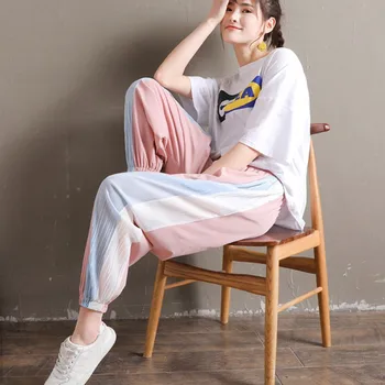 

Preppy Style Sports Casual Wide Leg Pants Harem Pants Solid Stitching Design Women's Sweatpants