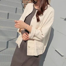 

2022new New 2021 Summer Fall Women's Jacket Fashionable Casual Loose Pockets Outerwear Short Cotton and Linen Tops JK8109