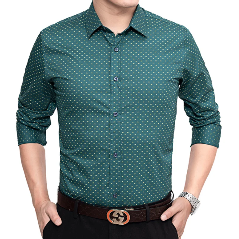 Деловые мужские рубашки с длинным рукавом в горошек с принтом Camisa, однобортные приталенные хлопковые рубашки с отложным воротником высокого качества - Цвет: green
