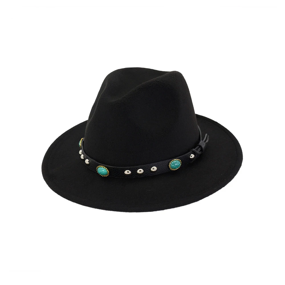 Женская и Мужская шерстяная шляпа Fedora с поясом в стиле панк широкая шляпа для путешествий на открытом воздухе повседневная джазовая шляпа размер 56-58 см - Цвет: Black