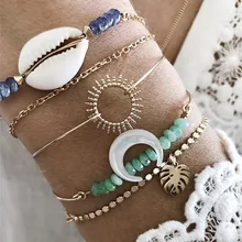 5 шт./компл. Boho золото Браслеты& браслеты для Для женщин Мода Многослойные Кристалл бусины в виде ракушки браслеты-листья Модные украшения