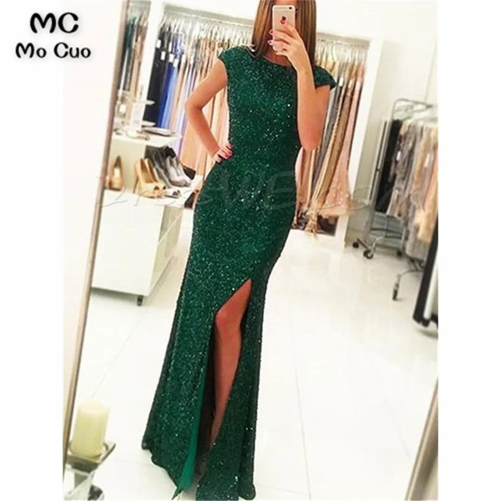 

2019 Teal In Stock Backless Evening Dresses Cap Sleeve Front Slit Women's Evening Dress robe de soiree Sequined Prom Dress