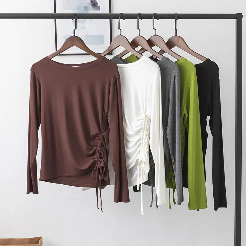 

Autumn O Neck Women Adjustable Ruched Drawstring Sides Tops Long Sleeve Casual Solid T Shirt 2019 New Brand