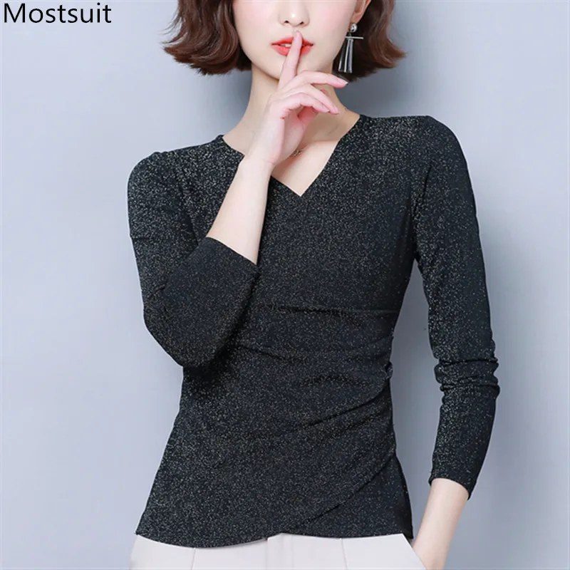 

Womens Tops And Blouses Autumn Spring Plus Size Tunic Shinny Sequin Long Sleeve Shirts Korean Kimono Blusas De Mujer Verano 2019
