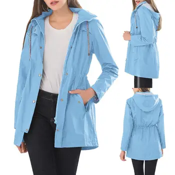 

Casual Solid Color Women Autumn Winter Long Sleeve Hooded Rain Jacket Wind Coat Windproof Waterproof Long Style Rain Jacket