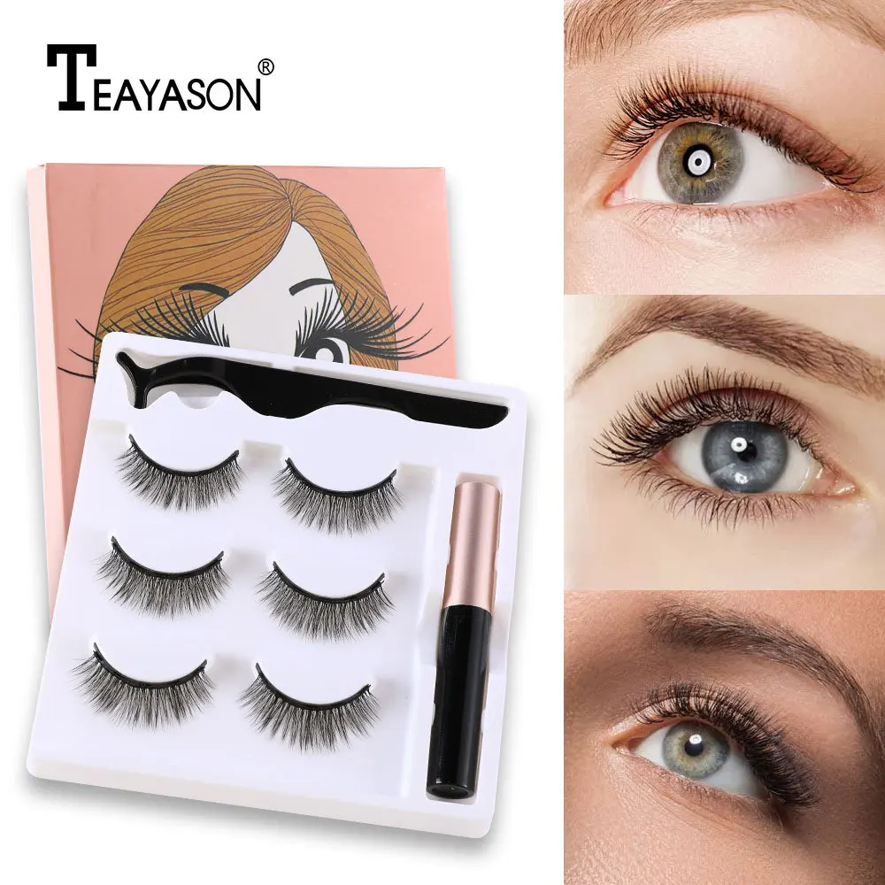 Moda mujer 3 pares magnético delineador de ojos Set de pestañas postizas pegamento libre de imán de las pestañas de Bushy rizado pestaña extender maquillaje