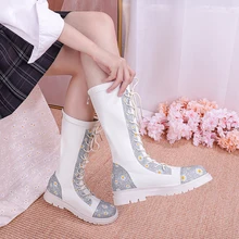 

Lolita Style Flat-Bottomed Children's Martin Boots Cross-Lace Back Zipper High-Tube Princess Boots Color Matching Women's Shoes