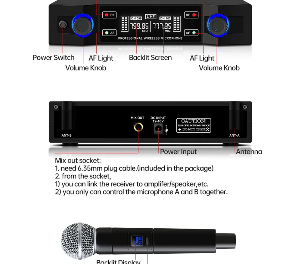 Professional wireless microphone UHF system plastic material dual channel 2 handheld microphone family stage karaoke microphone