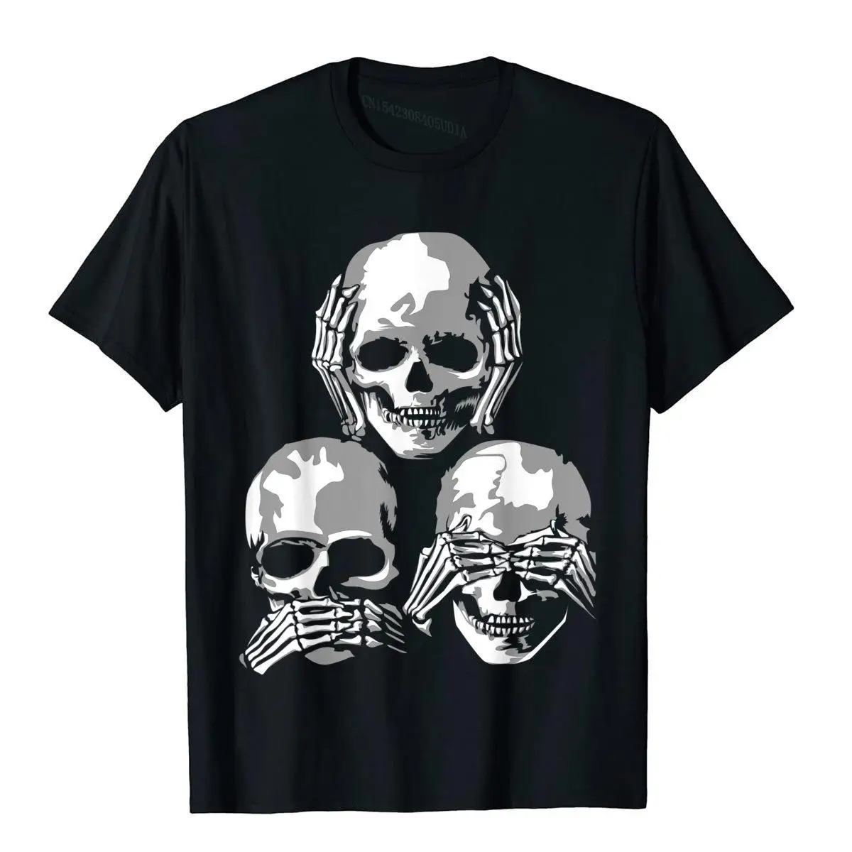 See No Evil Hear No Evil Speak No Evil Halloween Skull T-Shirt__B9896black