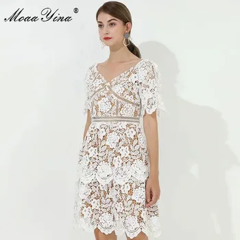 

MoaaYina Fashion Designer Dress Spring Women's Flare Sleeve White Lace Hollow Out Cascading Ruffle Dresses High Quality