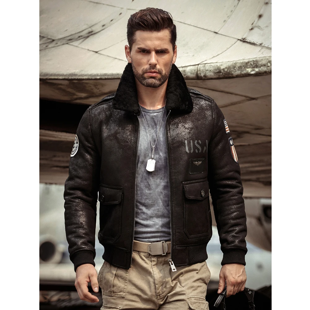 2019 New Mens Sheepskin Shearling Jacket Leather Jacket A2 Airforce ...