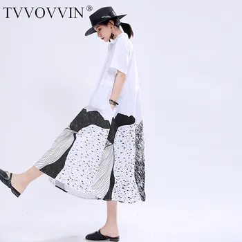 

TVVOVVIN 2020 Summer New Dress Patchwork Lacing Print Casual Loose Abstract Concealed Empire Girl Female Turn-down Collar A462