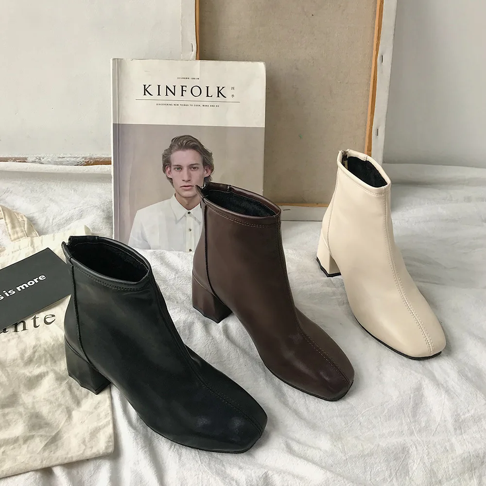 

2019 Winter Women Ankle Boots Inner Warm Plush Short Boot High Square Heel Zip Ladies Shoes Boots Ankle Boots White Boots