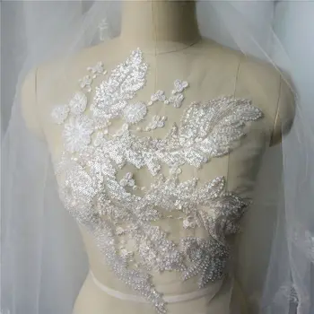 

White Shining Sequined Lace Fabric Leaf Beads Embroidered Flower Gown Appliques Collar Mesh Sew Patch For Wedding Decoration DIY