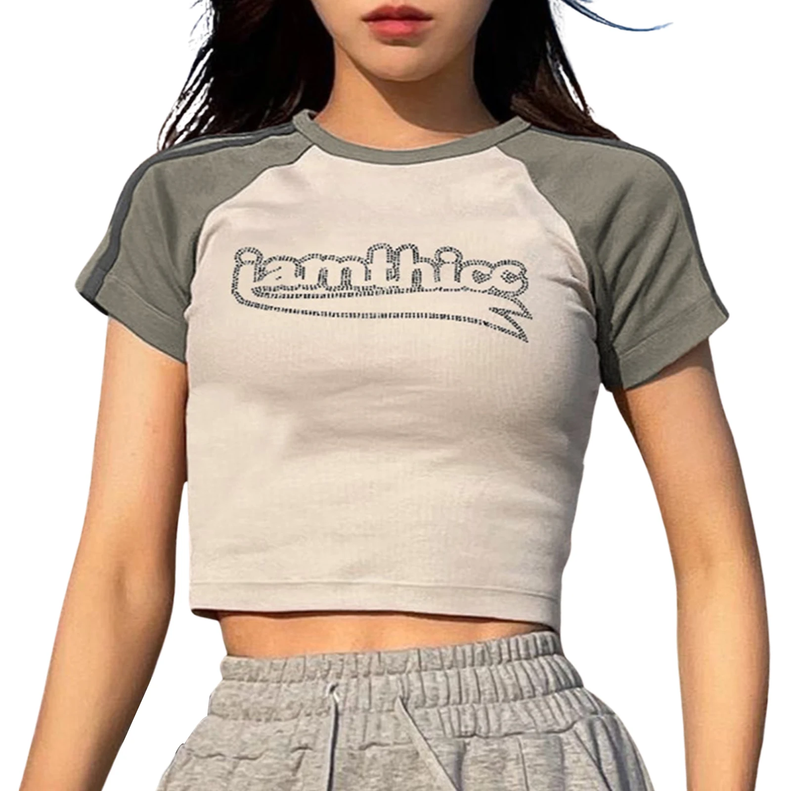 

Women Color Block Crop Tops, Adults Rhinestone Letter Pattern Short Sleeve Round Neck T-shirt