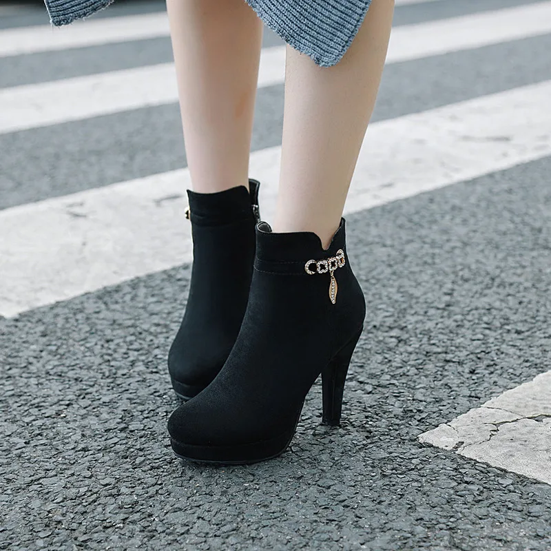 New Fashion European Style Black Ankle Boots Round Toe Zip PU Leather Woman Shoes With Warm Plush | Обувь