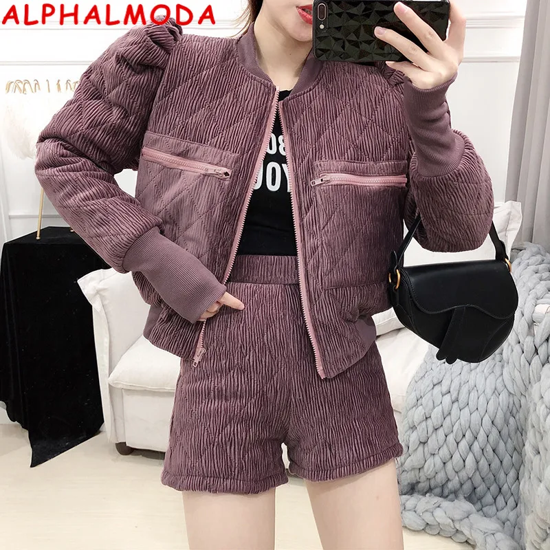 ALPHALMODA новинка 2020 женское короткое пальто + тонкие шорты с высокой талией Толстый