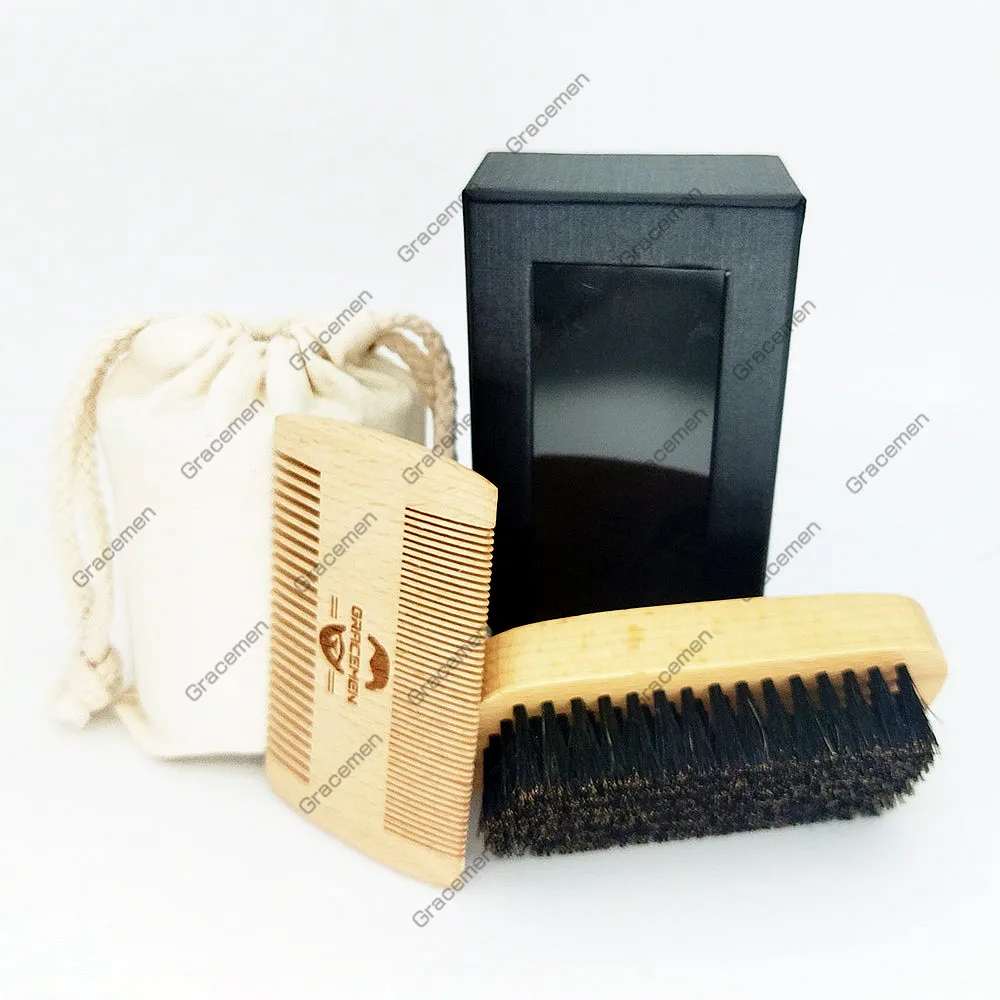 MOQ 100 Sets OEM Custom LOGO Beech Wood Beard Care Kit with Bag & Box  Mustache Beards Hair Brush and Dual Sided Comb rigid two sided credit card size hard plastic badge holders with slot for expo launch event staff tag id card holder pass strap