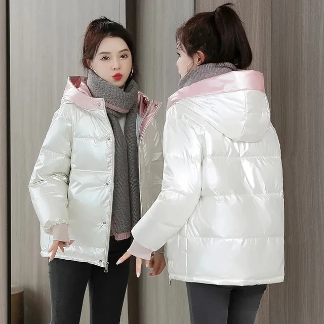 Winter Jacket Women 2021 New Glossy Down Cotton Coat Winter Warm Down Jacket Parkas Thick Warm Cotton-Padded Coat Outwear Female Hooded Beige