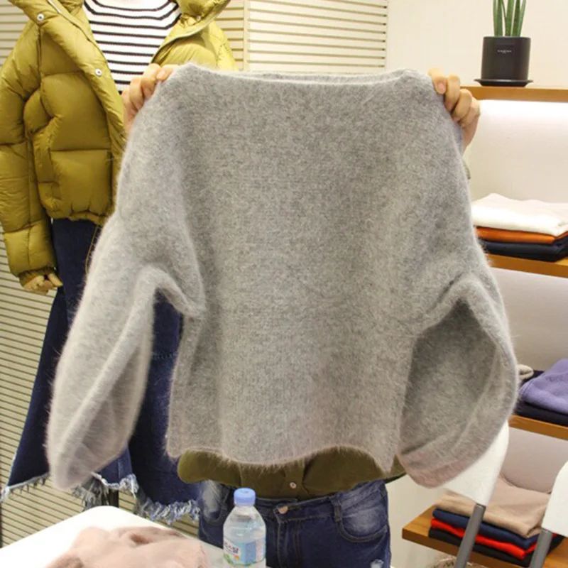 

2019 Autumn Sweater New Women One Word Imitation Mink Velvet Bat Long Sleeve Short Knitted Sweater Women Clothes Women