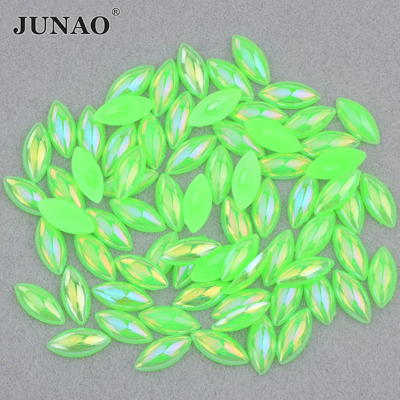 

JUNAO 5*10mm 7*15mm Green AB Flat Back Horse Eye Half Pearl Bead Crystal Sticker Acrylic Stone Glue On Strass Clothes Decoration