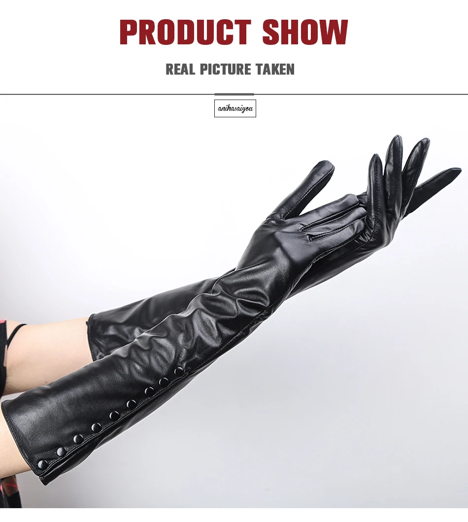 Женские перчатки с девятью пуговицами, сохраняющие тепло женские зимние перчатки, женские длинные перчатки 50 см, черные женские кожаные перчатки-771