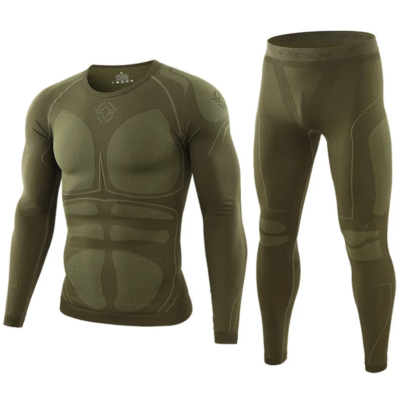 Зимние новые качественные комплекты термобелья для мужчин, брендовая тренировочная одежда, сухое Анти-микробное стрейчевое мужское термобелье, мужское теплое термобелье - Цвет: Армейский зеленый