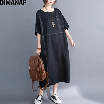 

DIMANAF Plus Size Women Dress Female Sundress Summer Clothing Loose Casual Vintage Cotton Linen Black Elegant Lady Vestidos 2020