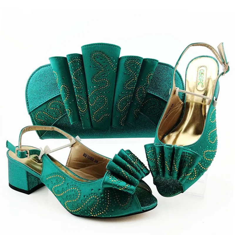 

Italian shoes and bag matching set in teal green color with many stones free shipping low heel sandal SB8423-5